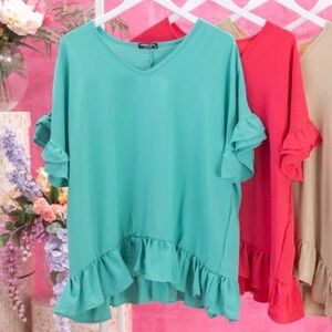 Elegant Teal Ruffle Sleeve Blouse